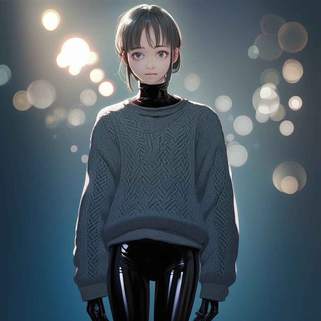 Latex under clothes, source_anime, score_9_up,  score_7_up, score_8_upmasterpiece, official art, soft lighting, bokeh, (highres:1.2), (ultra-detailed:1.2),, wearing a sweater, wearing a black latex bodysuit