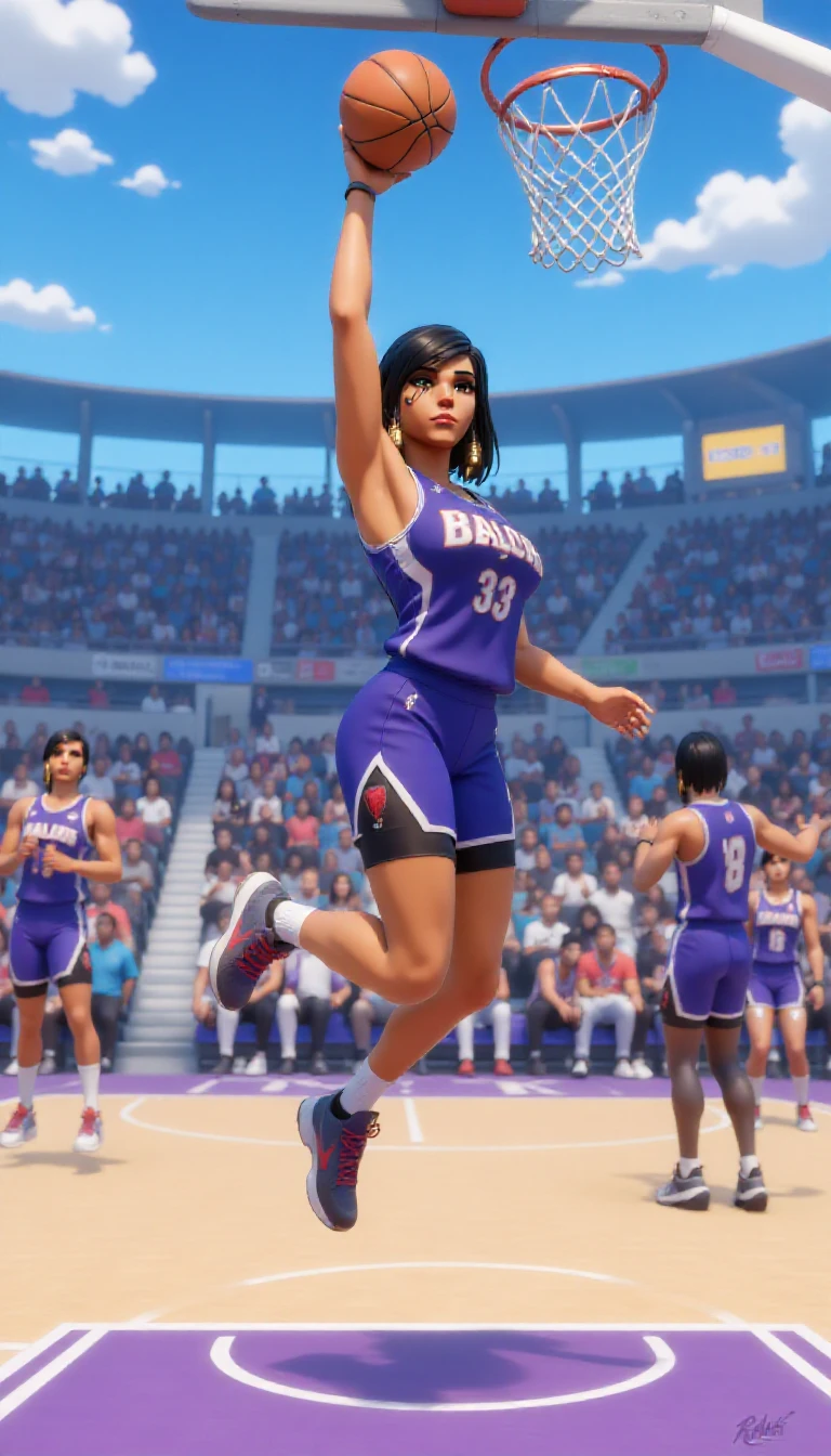 anime style, pharah1x is wearing a purple basketball jersey with dolphin shorts and sneakers. She's jumping in the air doing a slam dunk on the basketball court <lora:Pharah_Flux:1>