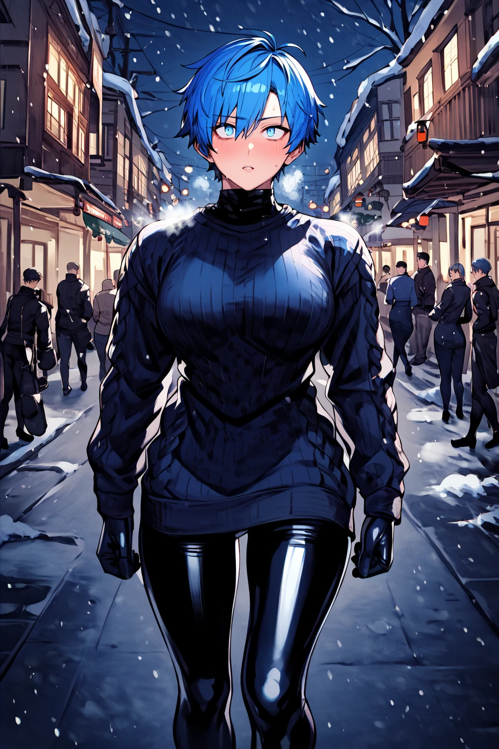 sweater <lora:latex_under_clothes:1> latex under clothes, latex body suit, sweaty, steamy body, short tomboy hair, big boobs, walking donw town, in winter, snowing, breath fog, blue hair and eyes, walking away from viewer, public space, charismas <lora:FF_war_of_the_visions:1> warofthevisionsff style,, source_anime, score_9_up, score_7_up, score_8_up