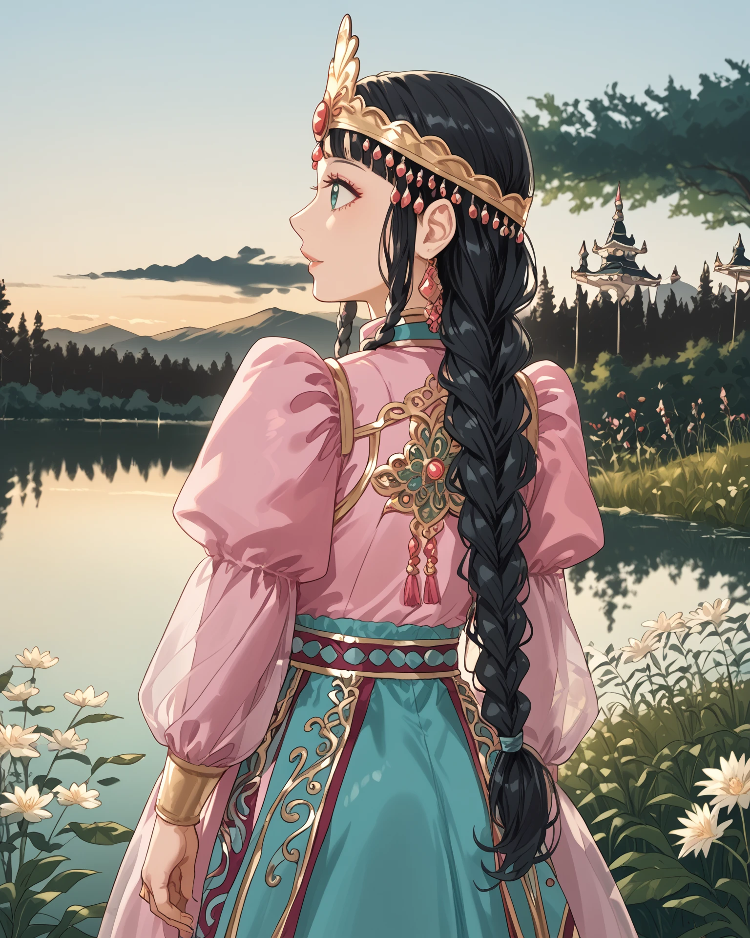 1girl, wearing yakutfa, yakutfa clothes, beautiful scenery, shimmering lake, long hair, braid, black hair, pinks and greens, extremely detailed clothing, digital art, masterpiece, absurdres, highest quality, score_9, score_8_up, score_7_up,   <lora:Yakut_Fashion_XL:1.2>,   <lora:farfinfarfin:1>, farfinfarfin