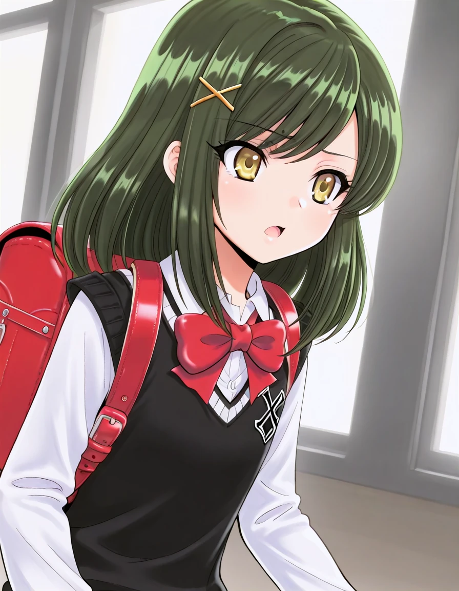 <lora:TachibanaYuria_illust_2:0.7>masterpiece, best quality, 1girl, solo,  tachibana yuria, green hair, x hair ornament,
black sweater vest, white shirt, long sleeves, red bowtie, randoseru, open mouth, looking to the side