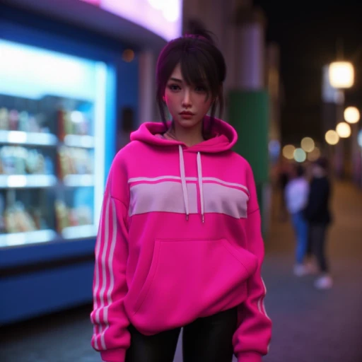 3D, render, octane, UnrealEngine, 1girl, woman, street, night, urban, pink hoodie, white stripes, neon lights, fashion, casual, modern, cityscape, vending machine, illuminated, standing, aesthetic,