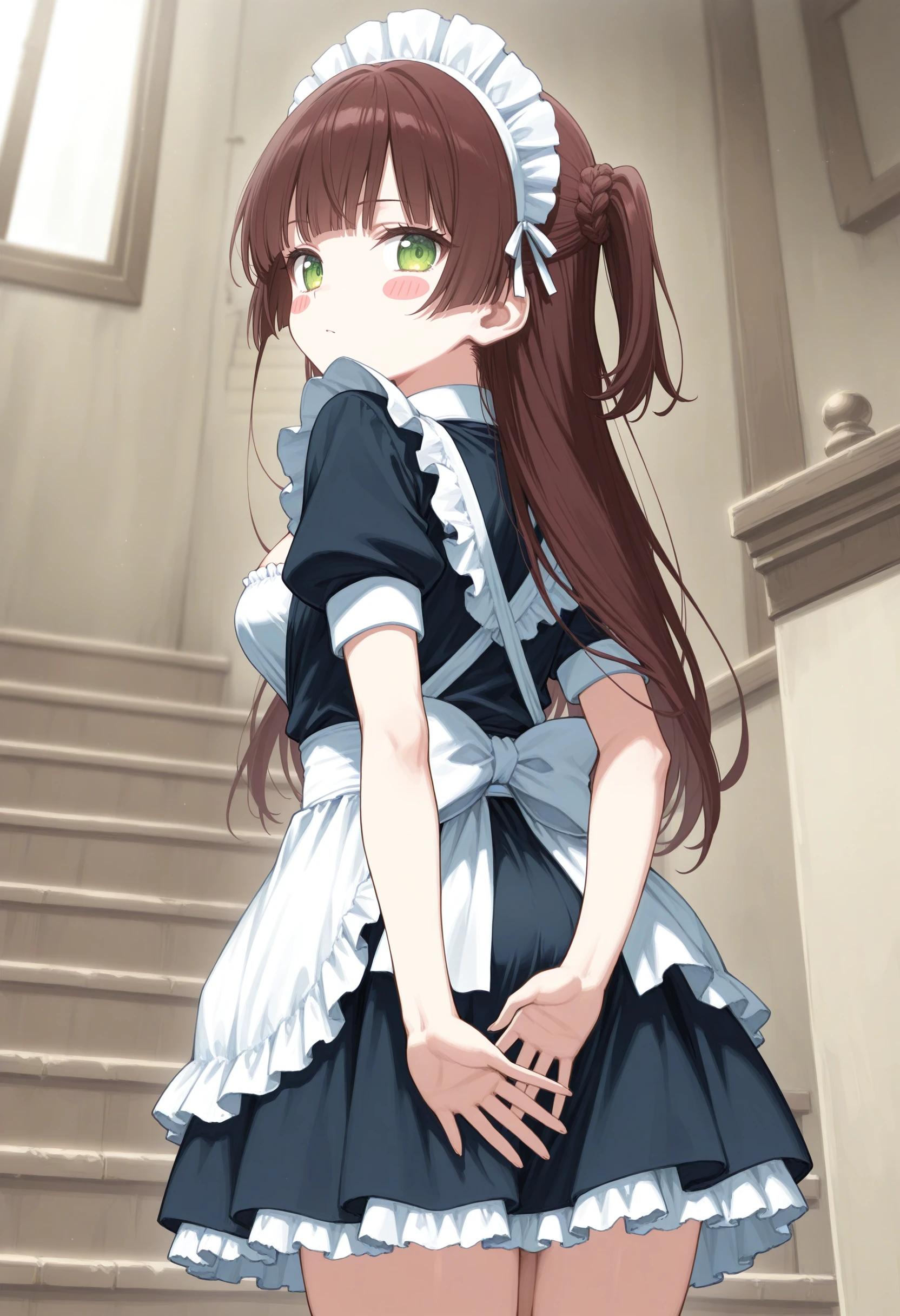 1girl,(sho \(sho lwlw\):0.7),(toosaka asagi:0.5),(sincos:0.3),solo,
masterpiece, best quality, newest, absurdres, CG, anime, source anime, illustration,
maid, maid headdress,medium breasts,
covering crotch, covering privates, from behind,stairs, covering ass, <lora:coveringcrotch_Illust_v1:0.8>
from behind, upper body, looking to the side, brown hair, green eyes,blush stickers, labyrinth, closed mouth, hime cut hair,