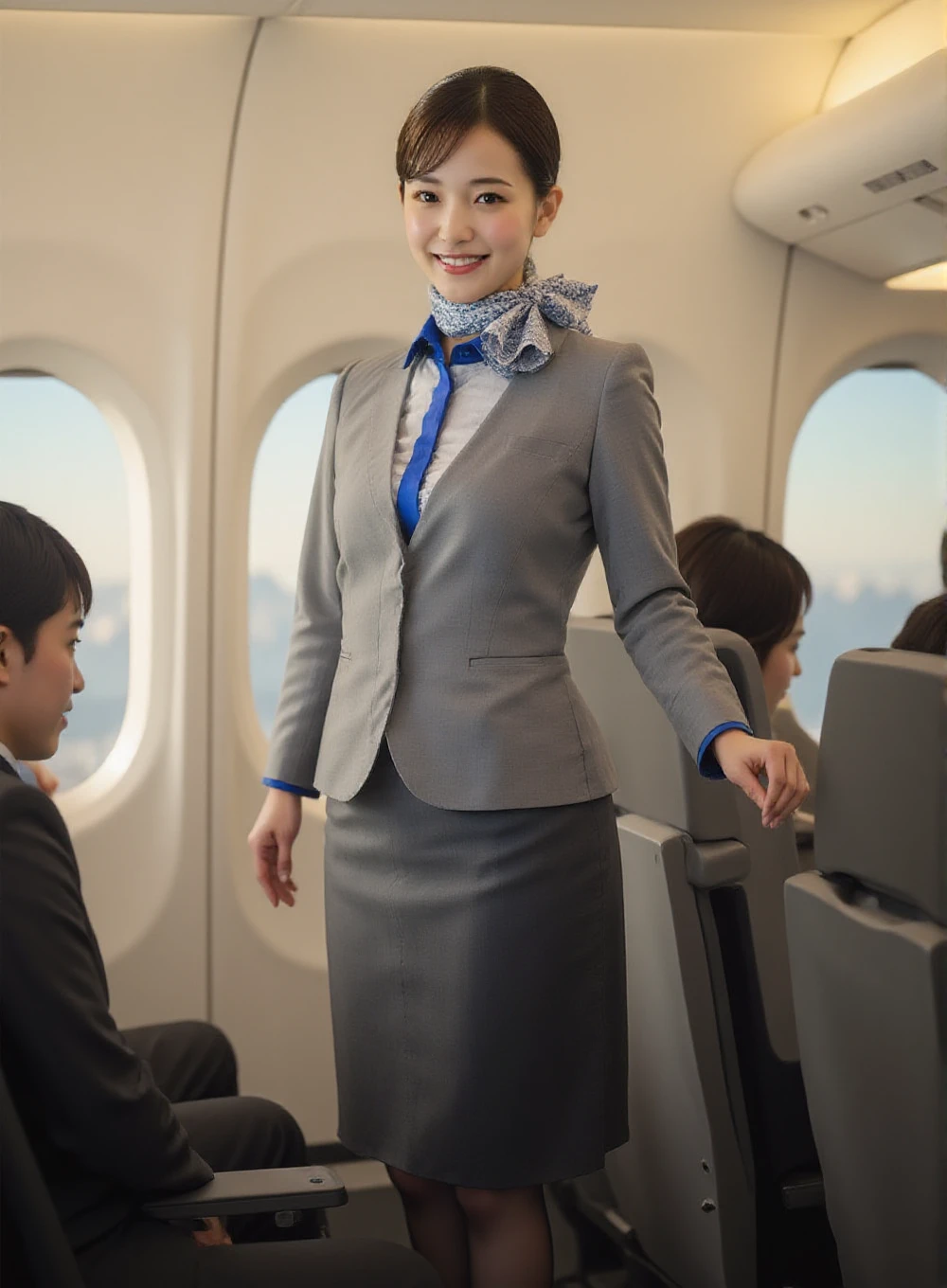 realistic,Photograph of  female flight attendants,beautiful japanese girl,caana,smile,high quality,detail face,wearing a glay flight attendant uniform with blue trim,neck scarf,black tights and high heels,<lora:FLUX.1-Turbo-Alpha:1>,miniskirt,light makeup,full body,miniskirt,beautiful legs,<lora:FLUX_ANA_CA_r1:1>,very beautiful cabin attendant,She is softly smiling while serving drinks to passengers.,The background shows the warm ambient lighting of a business-class cabin with a window view of pale blue skies and clouds.,The composition captures the flight attendant standing at the centeleaning slightly towards a passenger on the left.,The overall atmosphere conveys professionalism and comfort.,<lora:jdl-flux-lora:0.8>,