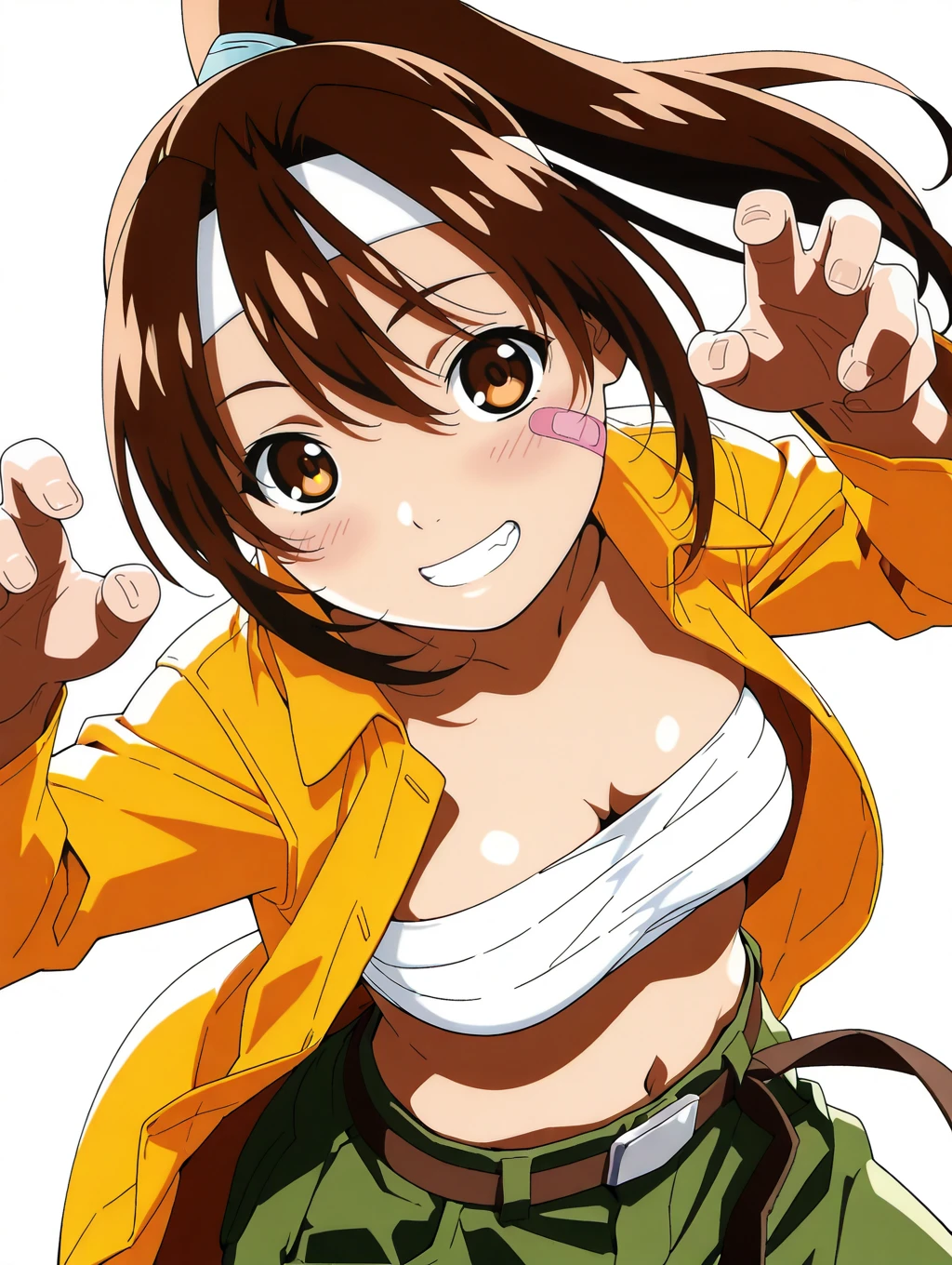 masterpiece,best quality,amazing quality,
solo,1girl,
<lora:K_momiji_ilxl_v1:1>,K_momiji,brown eyes,brown hair,ponytail,headband,bandaid on face,medium breasts,yellow jacket,sarashi,belt,green cargo pants,midriff,
<lora:Fixhands_anime_bdsqlsz_V1:1>,looking_at_viewer,dynamic_angle,cinematic_angle,grin,light_blush,face_focus,upper_body,white_background,simple_background,portrait,front view,claw pose,