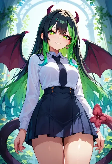 score_9, score_8_up, score_7_up, 1girl, succubus tail, tail juice, x-ray, huge tail, multicolored hair, black hair, green hair, wings, skirt