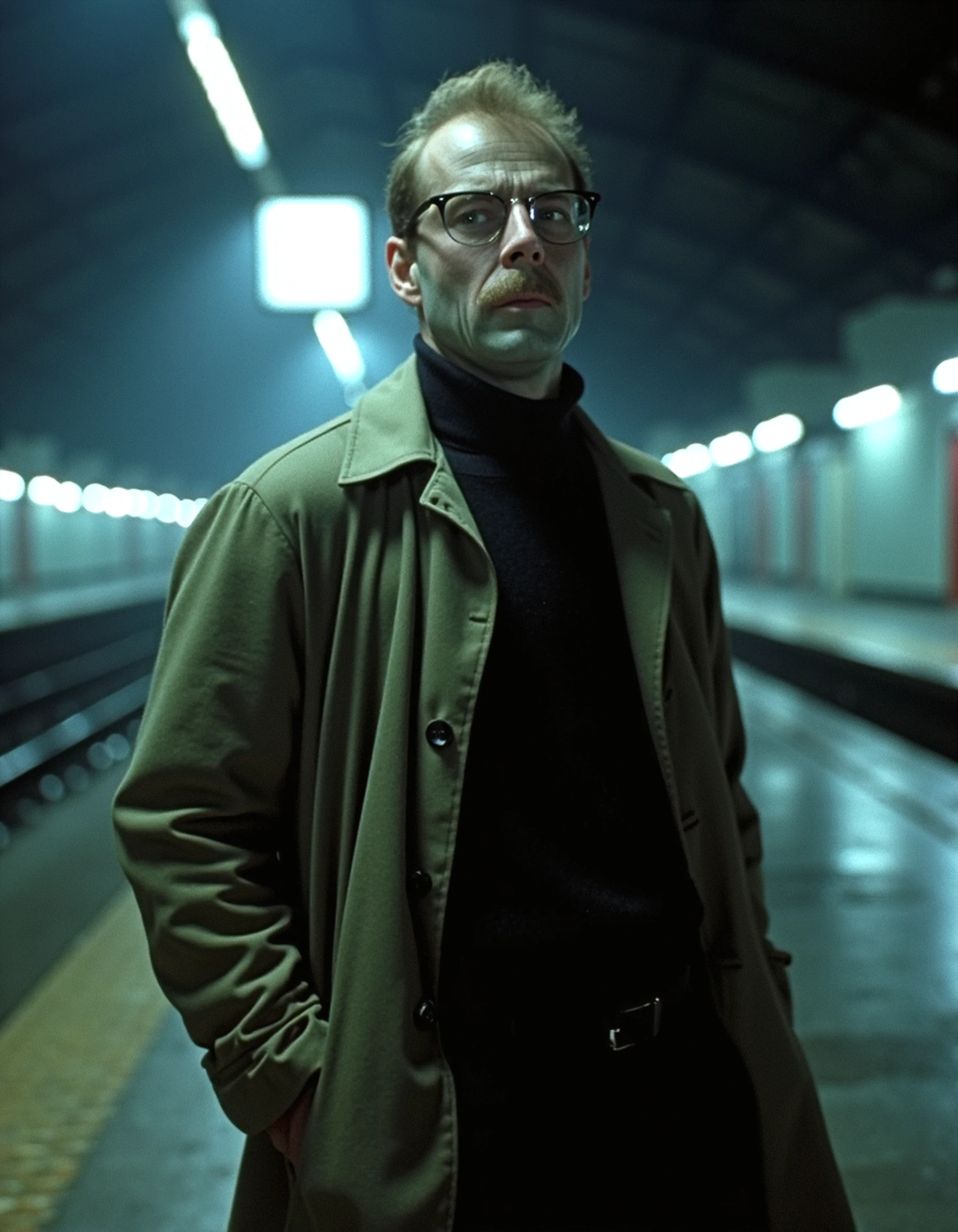 A dramatic image of Ernest Menville man standing on a deserted train platform, bathed in the cold, pale light of a flickering overhead lamp. He’s wearing a long coat, unbuttoned to reveal a black sweater. 