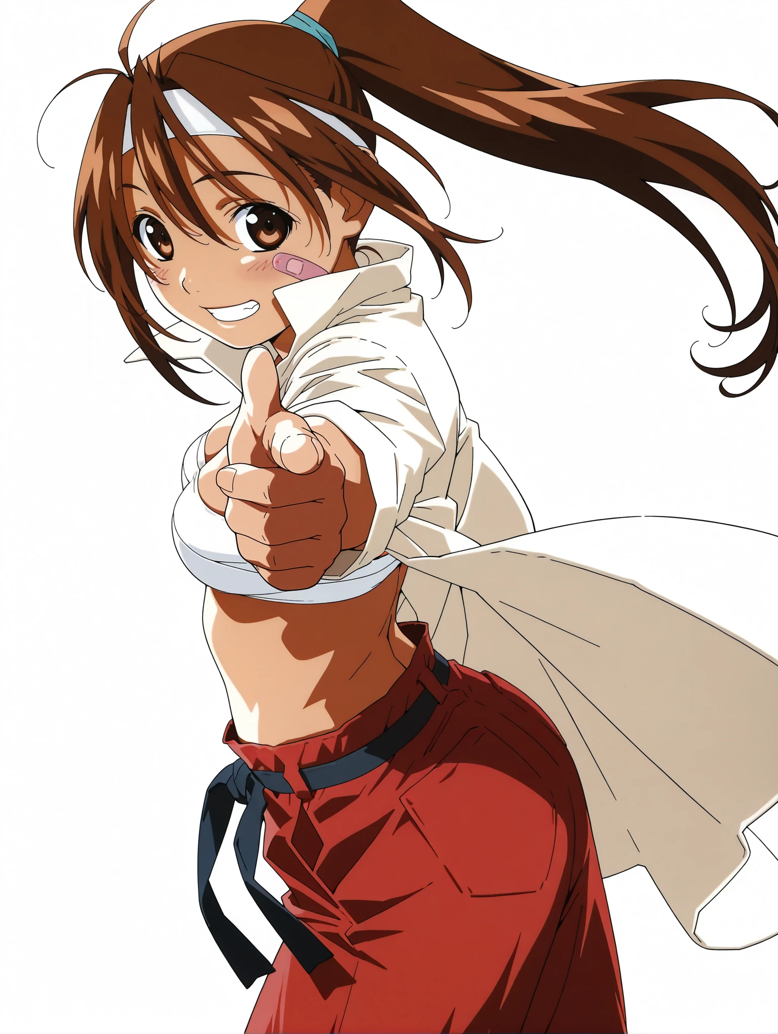 masterpiece,best quality,amazing quality,
metallic luster,solo,1girl,
<lora:K_momiji_ilxl_v1:1>,brown eyes,brown hair,ponytail,headband,bandaid,sarashi,apanese clothes,open clothes,red cargo pants,medium breasts,<lora:Fixhands_anime_bdsqlsz_V1:1>,_open_legs,looking_at_viewer,dynamic_angle,cinematic_angle,grin,light_blush,face_focus,upper_body,white_background,simple_background,reaching,finger gun,