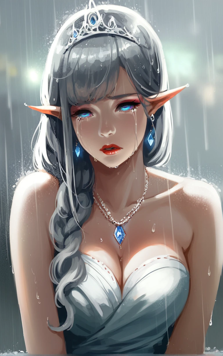 score_9, score_8_up, score_7_up, BREAK
PONYXL_STYLE_Wlop_ownwaifu, blurry background, depth of field,
1girl, long hair, jewelry,  bare shoulders, lips, pointy ears, necklace, earrings, 
grey hair 
parted lips, elf,  breasts, bangs, hair ornament, cleavage, medium breasts,  dress, red lips, tiara, bracelet, gem, chain, makeup,
(portrait, rain, sad), crying, wet, wet clothes, closed mouth, hydrangea, outdoors, <lora:PONYXL_STYLE_Wlop_ownwaifu:0.75>, solo,