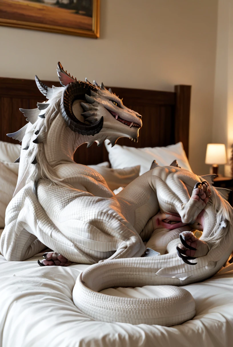 ((couple)), ((dad and daughter)), (big mature black dragon emperor general), (young white dragon princess), (elder black dragon is handsome muscle daddy), (young white dragon is beautiful), anthro, scales, tail, (naked), medieval, fantasy, night, (in king's bedroom), toe claws, epic, depth of field, (blush), (breath), perfect lighting, (light particles),(best quality),(masterpiece),(ultra detailed),sharp focus, light particles, ((missionary position)), (emperor excited), (princess ashamed), (arm+hand+1thumb+4finger). anime style, (black emperor put his big penis in white dragon small pussy), (delicate eyes, clear eyes), honeymoon vibe, sweaty, passionate sex, creampie