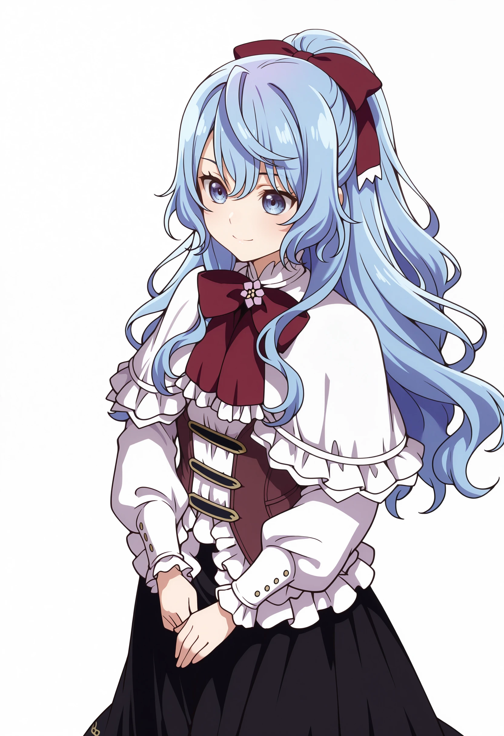 best quality, masterpiece \(quality\),
liselotte cretia, blue hair, hair bow, 
white capelet, long sleeves, vest, white shirt, long skirt, black skirt,
smile, closed mouth, 
1girl, solo,
cowboy shot, standing,
white background, simple background,
 <lora:faux-liselotte-cretia-mixed4-illu-lora-rank128a32-came-attn:1.0>