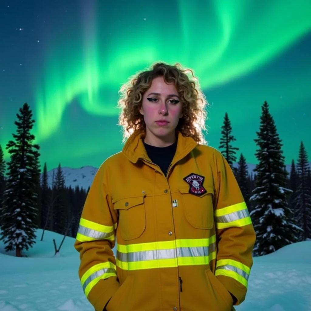 psyche\(Person\), Psycheswings \(Person\), @psychedwings, Photo of a woman with curly blonde hair wearing a yellow firefighter uniform, standing in front of a breathtaking display of northern lights. The woman has medium breasts and a serious expression and is looking directly at the camera. The background features a snowy landscape with trees and a clear sky. The lighting is dramatic, highlighting the vibrant colors of the northern lights and the woman's uniform.