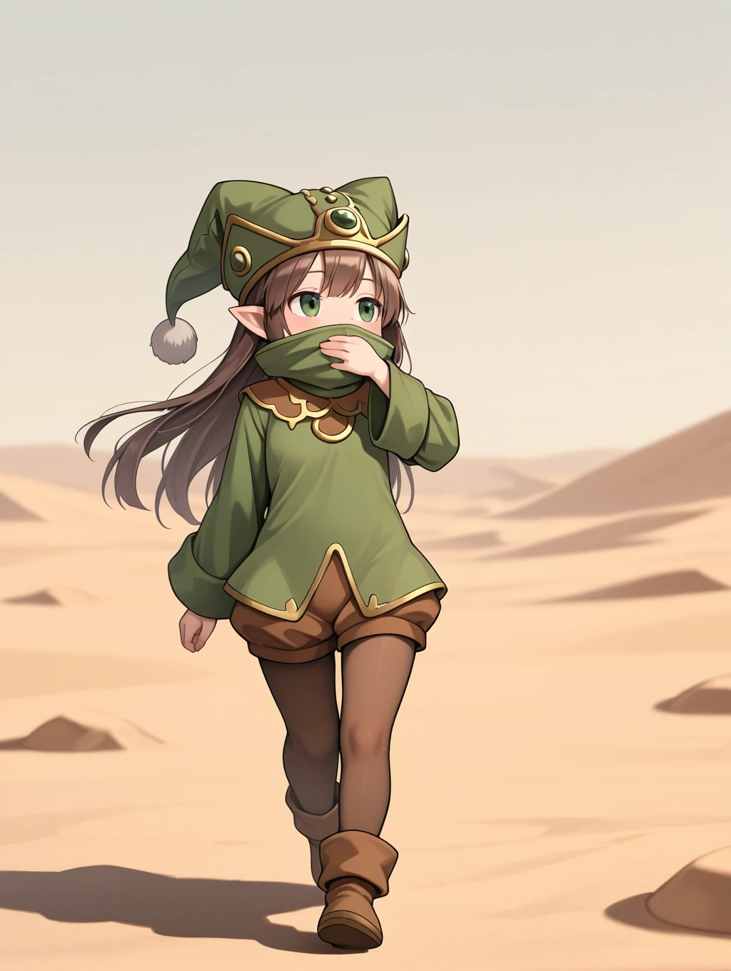 1girl, solo, Gnome, brown hair, green eyes, long hair, brown dress, brown jester pants, green robe, pointy ears, hat, pantyhose, shirt over mouth,

desert, dynamic pose, walking, looking at the sky,

masterpiece, best quality,amazing quality, very aesthetic, absurdres, depth of field, blurry background, extremely detailed face, detailed eyes