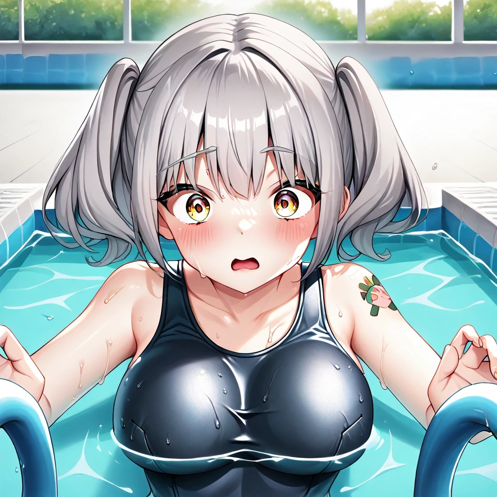 ((masterpiece,best quality)),high resolution, highly detailed,8k,16k,detailed background, perfect lighting, 1girl, nsfw,solo,embarrassed,blush, looking up,show off nipple,steam,(pov:1.3),face focus,confused, watery eye ,(cum in mouth,cum on face:1.2),open mouth,stick tongue out,from above,(from front,from above:1.2),kneeling,fair skin,midium breast,keqing,purple hair,twintale,(short stature:1.3),over size head,night,school poolside,school swimsuit