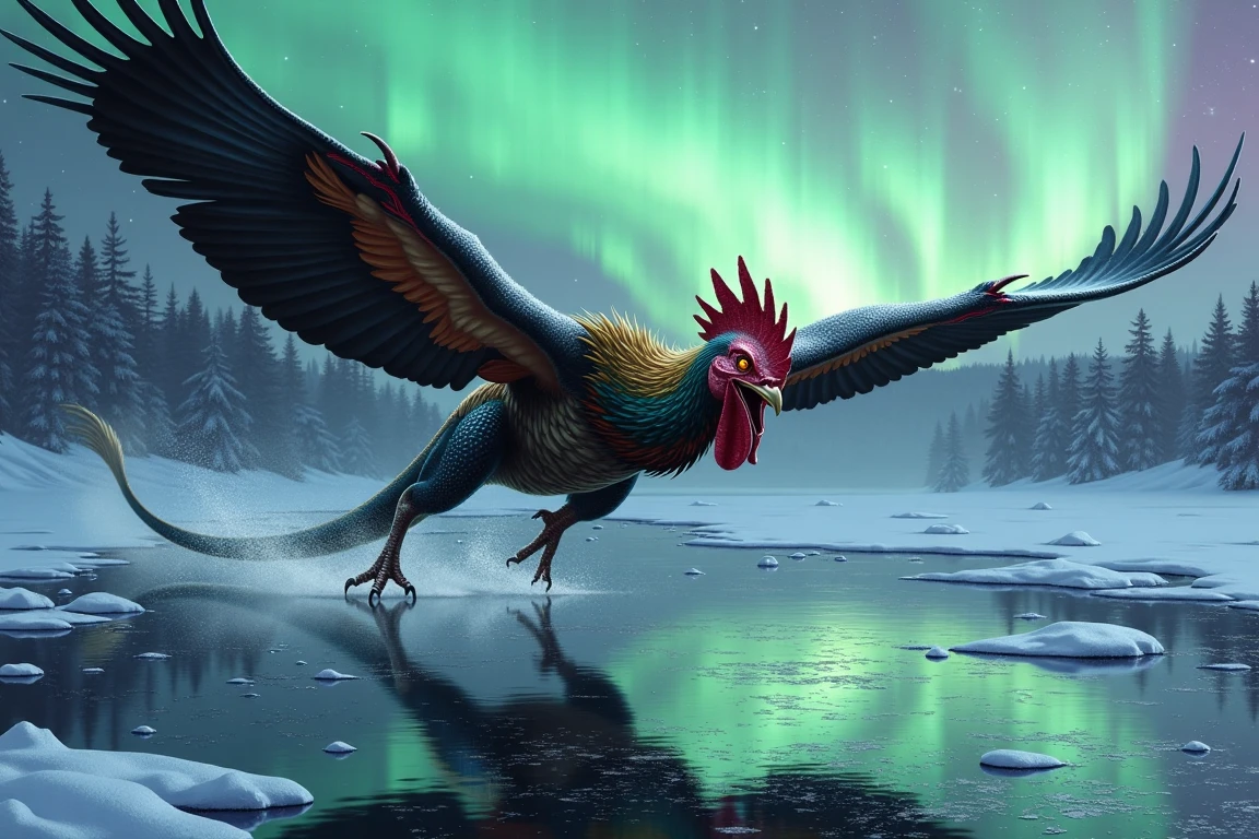 ckr,ckc,calk, ultra realistic, ultra detailed textures and colors half-reptilian, half-rooster, a cockatrice mid-flight over a frozen lake, its reflection distorted in the cracked ice below. Its talons are outstretched, ready to strike, while frost clings to its wing tips. The background is a snow-laden forest under a twilight sky, with an aurora borealis casting vibrant greens and purples across the scene. The camera is positioned underneath the creature, looking up, emphasizing its dominance. The lighting creates a cool, ethereal effect, contrasting with the cockatrice’s fiery red eyes.