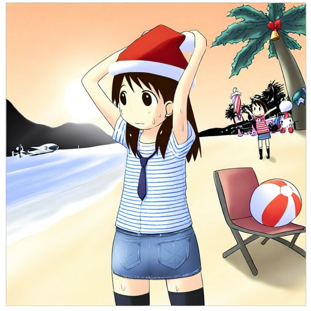 ayase ena, jet, from behind, tree, necktie, beachball, border, santa hat, chair, christmas, beach, sun, ass, swept bangs, wind, stuffed animal, denim skirt, striped shirt, arms up, closed umbrella, sweat, thighhighs