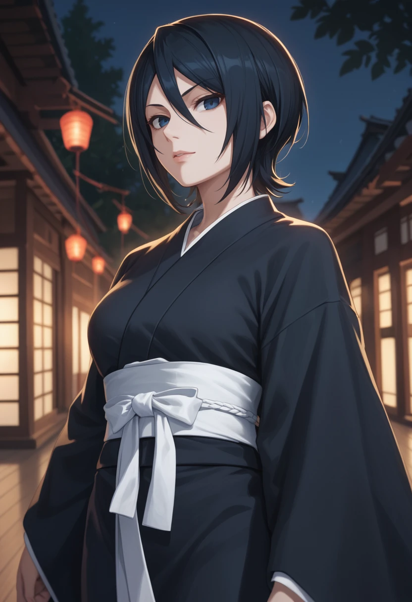 score_9, score_7_up,   1girl,  kuchiki rukia, black kimono, white sash,