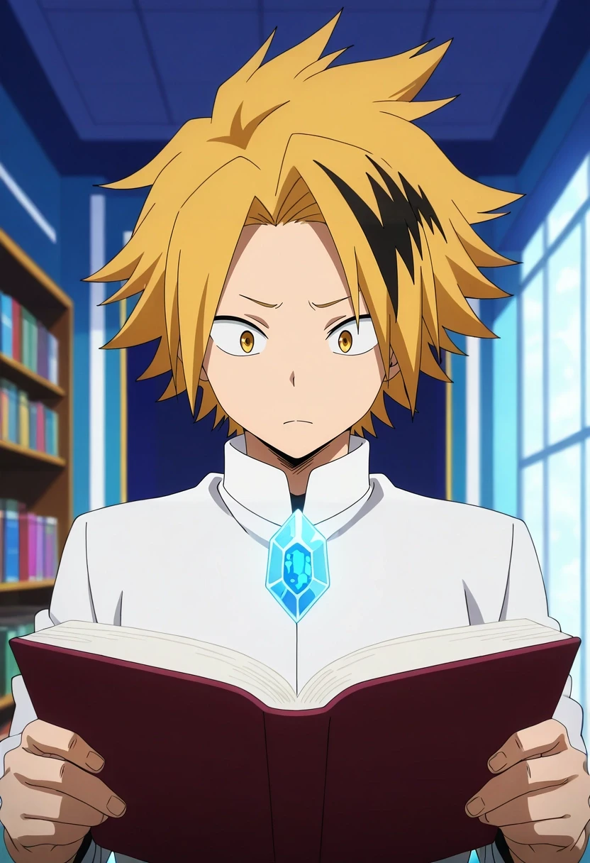 masterpiece, best quality, , anime screencap, anime coloring, official style, , depth of field, 1boy, solo, male focus, <lora:denki_kaminari_ilxl:0.92>, denki_kaminari, blonde hair, yellow eyes, short hair, spiked hair, multicolored hair, two-tone hair, streaked hair, crystal library, gem shelves, light reading rooms, study crystals, reading pose, absorbed expression, prismatic light,