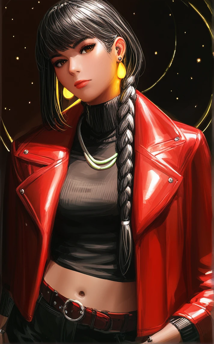 score_9, score_8_up, score_7_up,  <lora:STYLE_PONYXL_guweiz_ownwaifu:1>, BREAK 
STYLE_PONYXL_guweiz_ownwaifu, arafed image of a woman in a red leather jacket, 1girl, long hair, medium breasts, looking at viewer, black shirt, black hair, long sleeves, navel, closed mouth, jewelry, brown eyes, single braid, earrings, open clothes, black pants, belt, midriff, necklace, open jacket, crop top, red lips, turtleneck, hair over shoulder, red jacket, hand in pocket