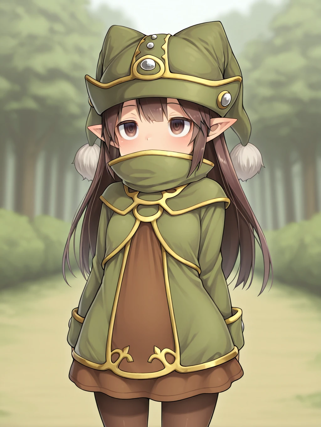 1girl, solo, Gnome, brown hair, long hair, brown dress, green robe, pointy ears, hat, covered mouth, pantyhose,

(standing), cowboy shot,

masterpiece, best quality,amazing quality, very aesthetic, absurdres, depth of field, blurry background, extremely detailed face, detailed eyes