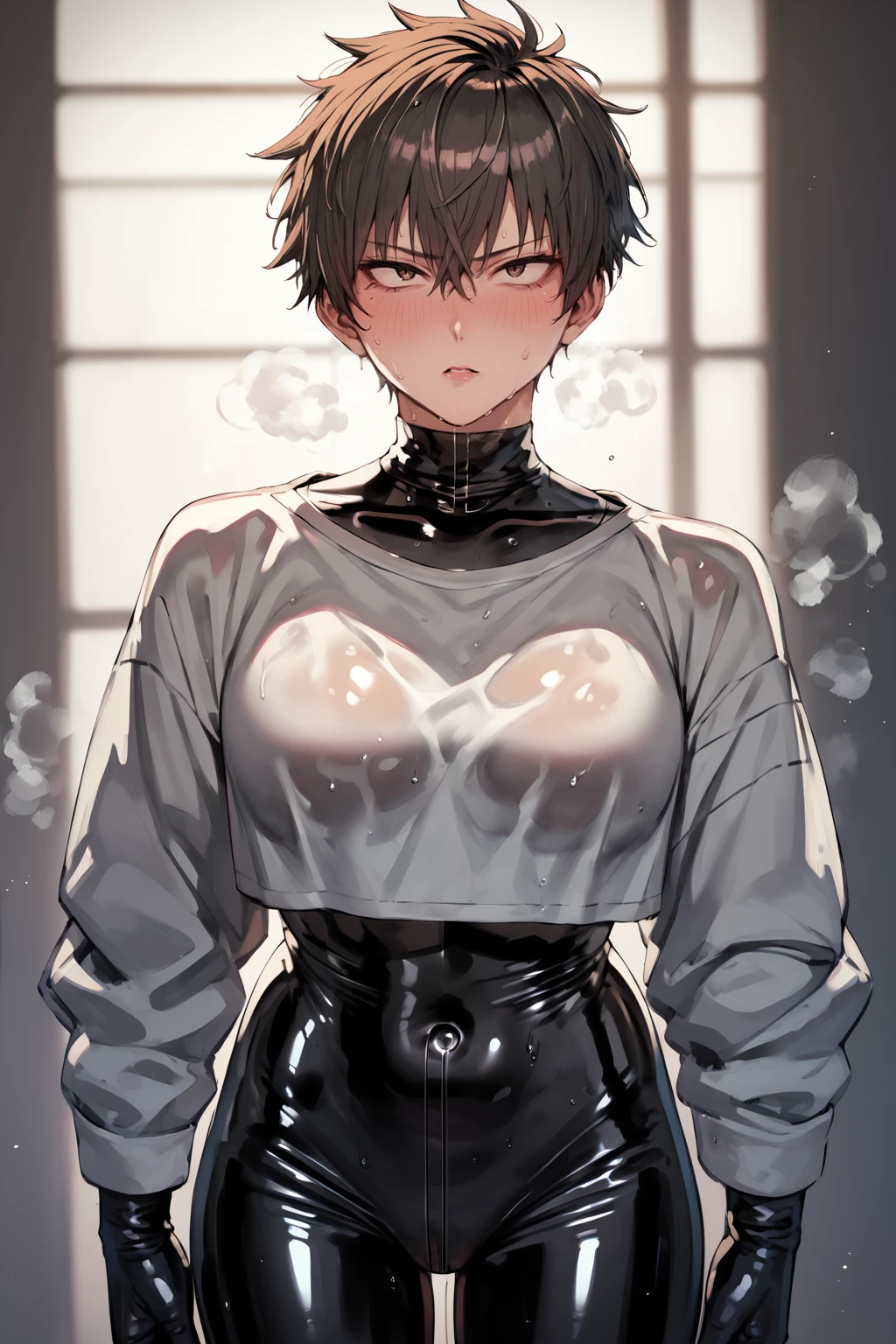 hoody,  <lora:latex_under_clothes:1> latex under clothes, latex body suit, sweaty, steamy body, short tomboy hair, big boobs,, source_anime, score_9_up,  score_7_up, score_8_up