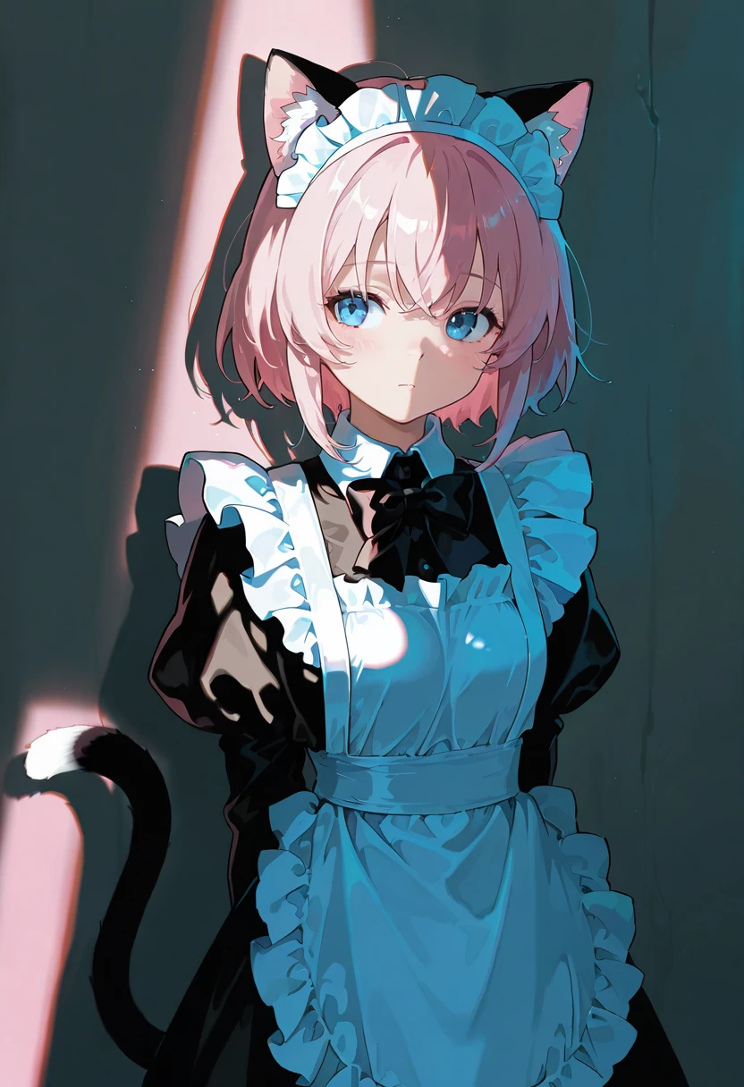 gobo lighting, shadow, catgirl, ears, tail, maid_outfit, pink_hair, bowtie, looking_away