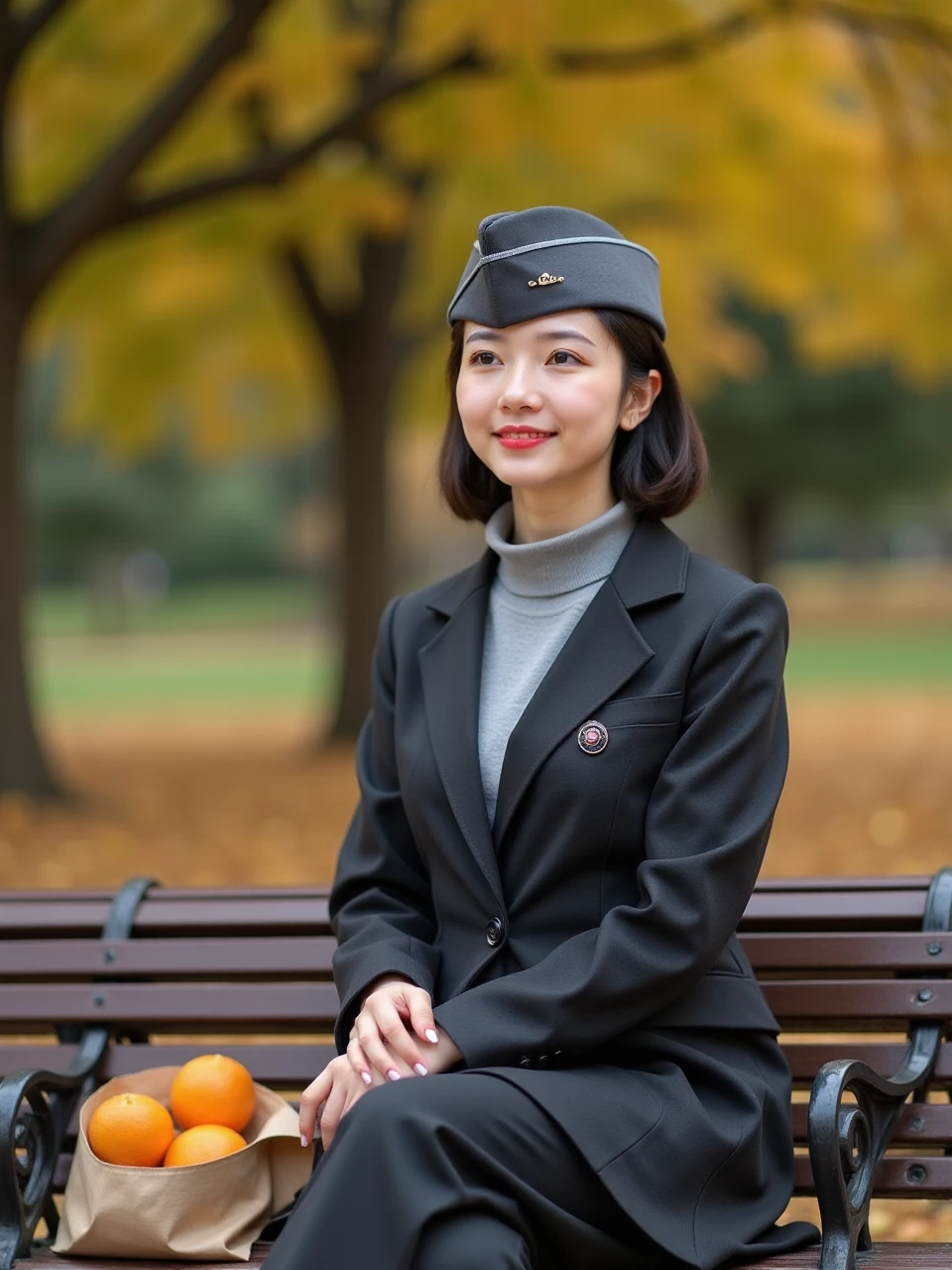 This is a portrait photo taken in the park in the fall to give you a warm feeling. The woman in the photo is wearing a gray Starfleet uniform with a dark gray garrison cap with a captain's rank insignia on the side of the cap, she is sitting on a park bench with her head looking off to the side into the distance, a paper shopping bag full of oranges is here beside her.

coh24, garrison cap, 