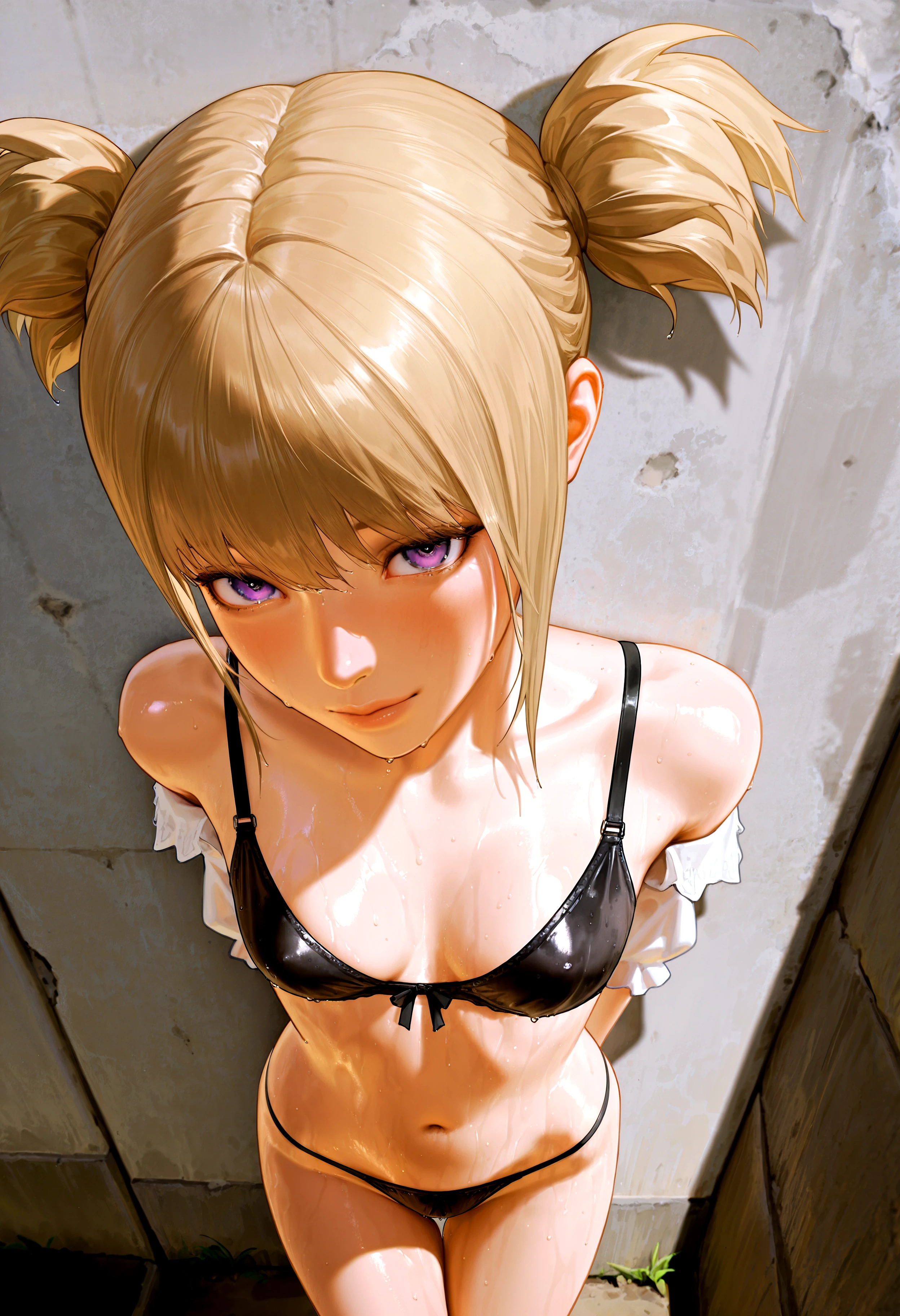 HDR, 8K, high contrast, masterpiece, best quality, amazing quality, very aesthetic, high resolution, ultra-detailed, absurdres, newest, scenery, 2d, 1girl, dark blonde hair, short twintails, purple eyes, small breasts, glossy body, oiled body, oiled skin, wet body, off shoulder, black underwire bra, black thong panties, looking at viewer, dutch angle, face focus, breast focus, arms behind back, from above, outside, leaning on wall, BREAK, photorealistic, beautiful detailed eyes, detailed skin, detailed hair, volumetric lighting, photo background, <lora:IL\KMS_HH_Ash_IL:0.8>