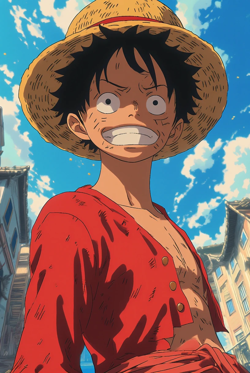 7-Luffy smiling, portrait anime style, one piece legendary shot