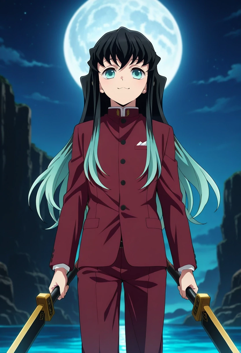 masterpiece, best quality, intricate details, anime screencap, anime coloring, , , , 1boy, solo, male focus, <lora:muichirou_tokitou_ilxl:0.94>, muichirou_tokitou, black hair, aqua eyes, long hair, bangs, hair between eyes, sidelocks, multicolored hair, two-tone hair, gradient hair, aqua hair, asymmetrical, atlantis, night, full moon, holding weapon, :\3, suit trousers,