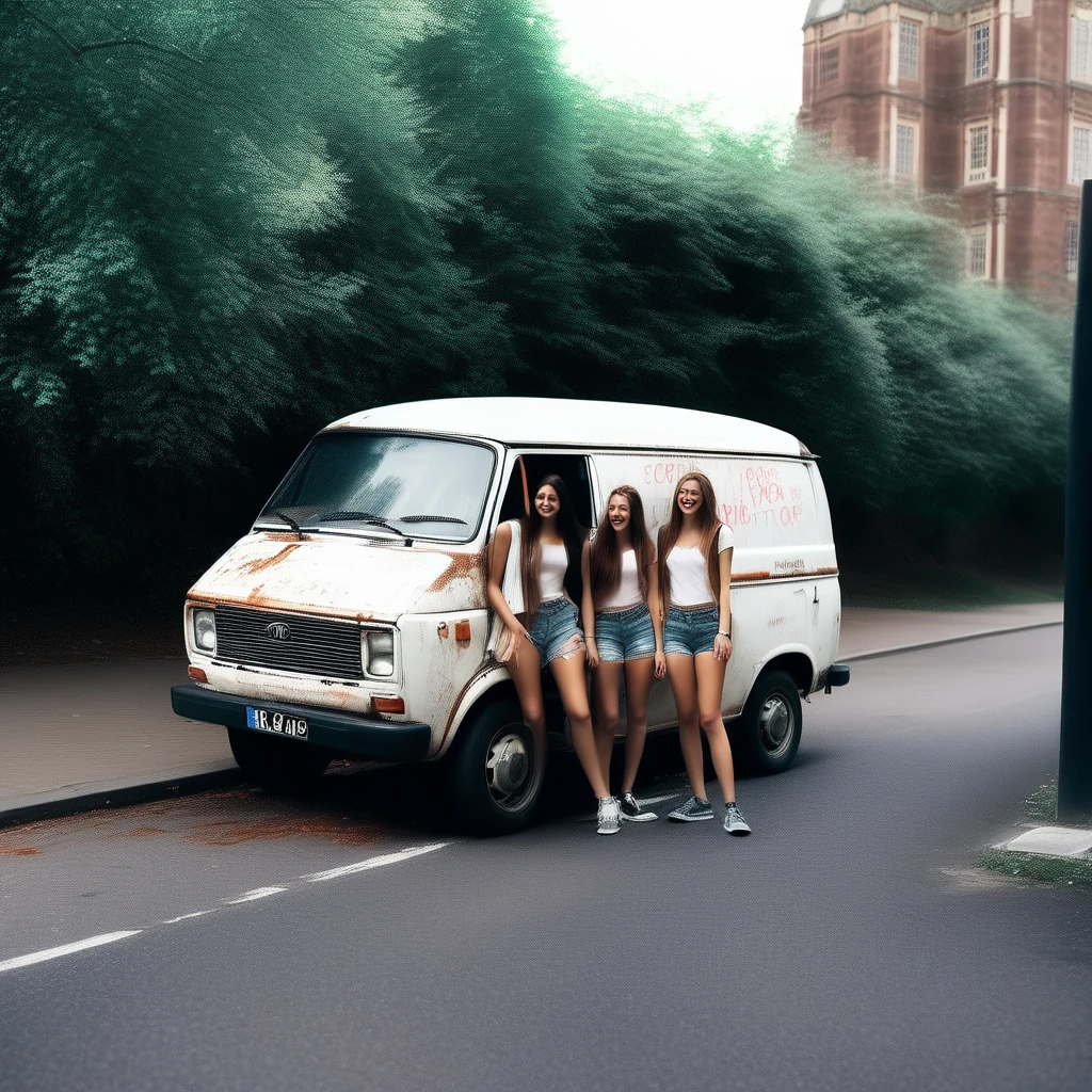 Rusty white van, scruffy paint job, small dents and scratches, parked near a university campus, lots of attractive and beautiful  looking women walking past van, laughing and happy. They are colleges students going to class,