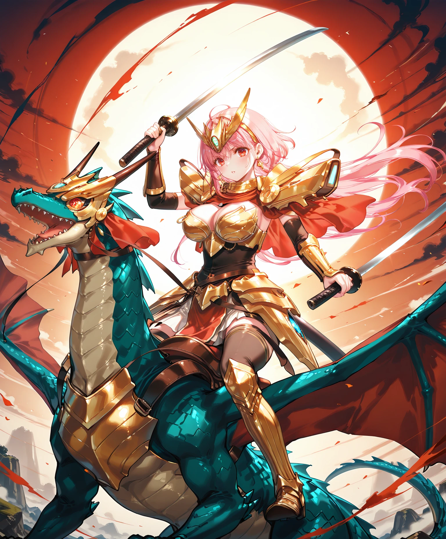 1girl
Raimu <lora:Raimu-000009:1>,  gold armor, long pink hair, red eyes, green crystal, 
 large breasts,  
BREAK wyvern rider, ((dragon riding)),knight,1 huge black dragon with red evil growing eye,flying,breastplate, <lora:wyvern rider-IL:1>, holding katana,dark aura,
 nipple rings,
,cowboy shot, dynamic pose,
 highly detailed,ultra-high resolution, best quality,masterpiece,uncensored,   (hiten \(hitenkei\):1.05),ciloranko,(liduke:0.907),(wlop:0.907),toosaka asagi,ke-ta,(ask \(askzy\):0.907),torino,(chen bin:1.05),year 2023,