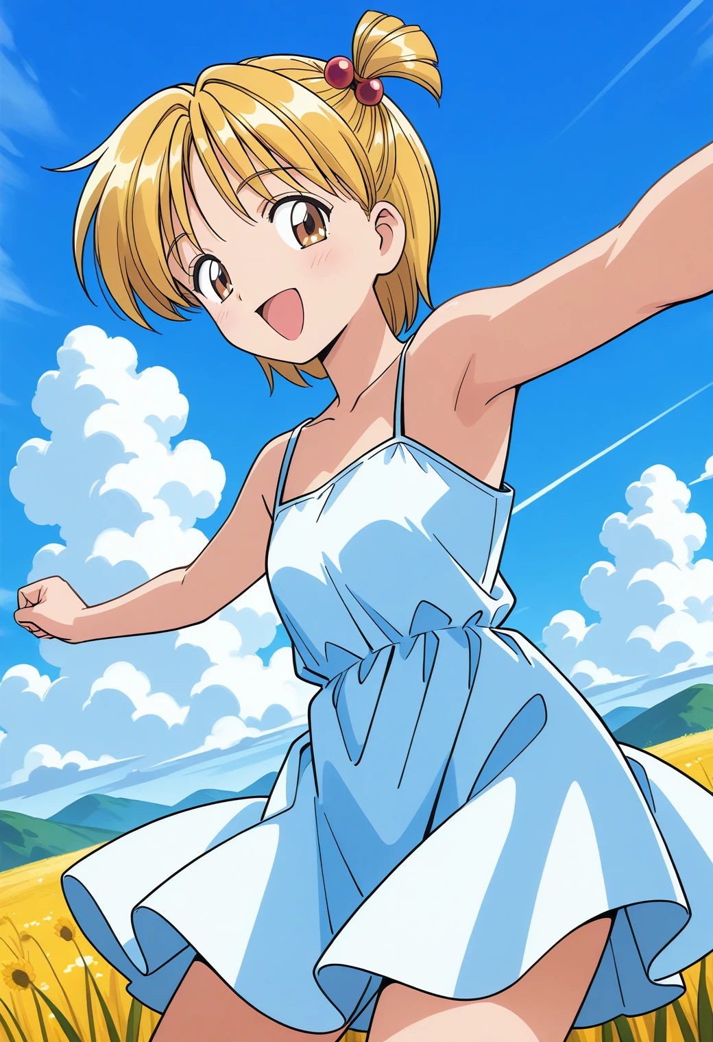 aitoma_forty, brown eyes, blonde hair, short hair, one side up, hair bobbles, sundress, <lora:aitoma_forty_illustrious_ver1:0.8> 
smile, open mouth,, masterpiece, best quality, general,, 1girl, solo, (field:1.2), (blue sky:1.2), looking at viewer,, (cowboy shot, dynamic pose:1.4),