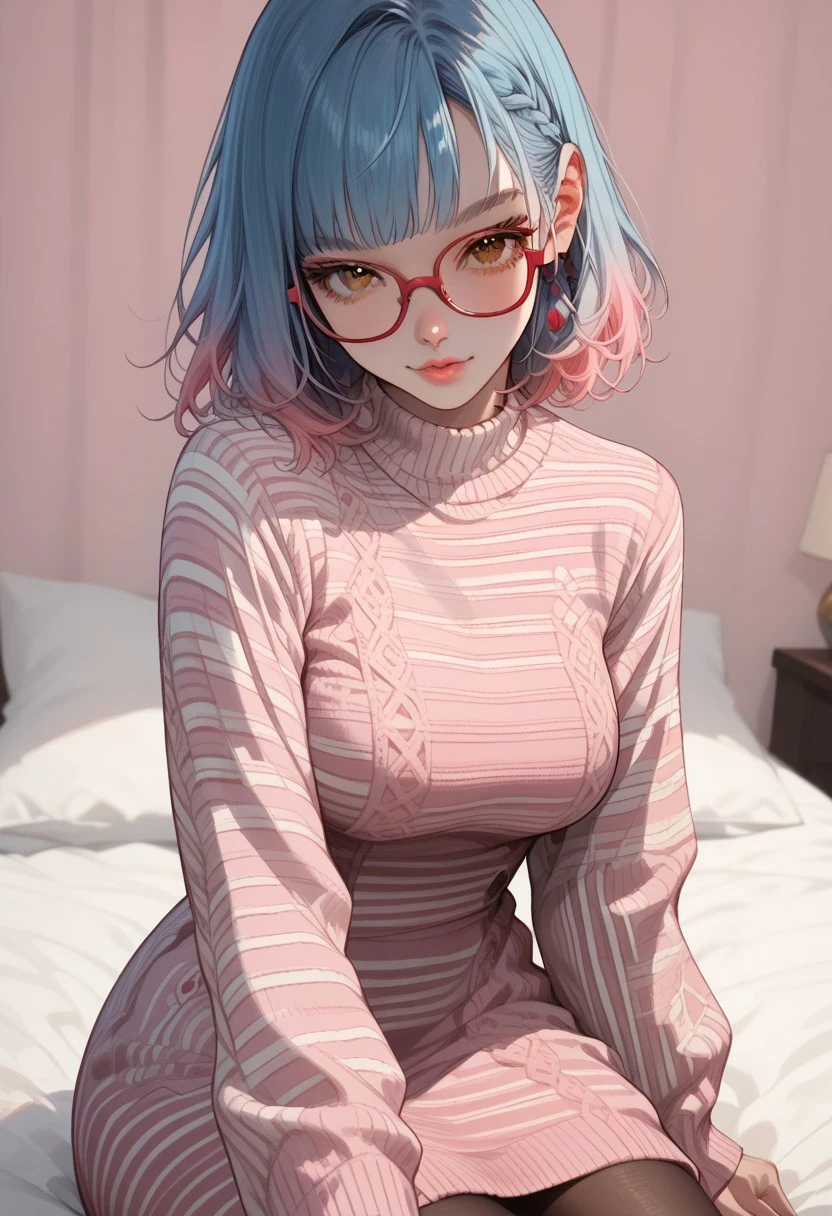 score_9, score_8_up, score_7_up, score_6_up, rating_questionable, 1girl, Beth, BethRH, cute face, medium hair, side braid, blue hair, pink gradient hair, brown eyes, detailed eyes, large breasts, curvy, pale skin, big squared eyeglasses, red framed eyeglasses, clear eyeglasses lens, HD32k, SwDrRH, sweater dress, stripes dress, pink-white dress, long sleeves, pantyhose, sitting on bed