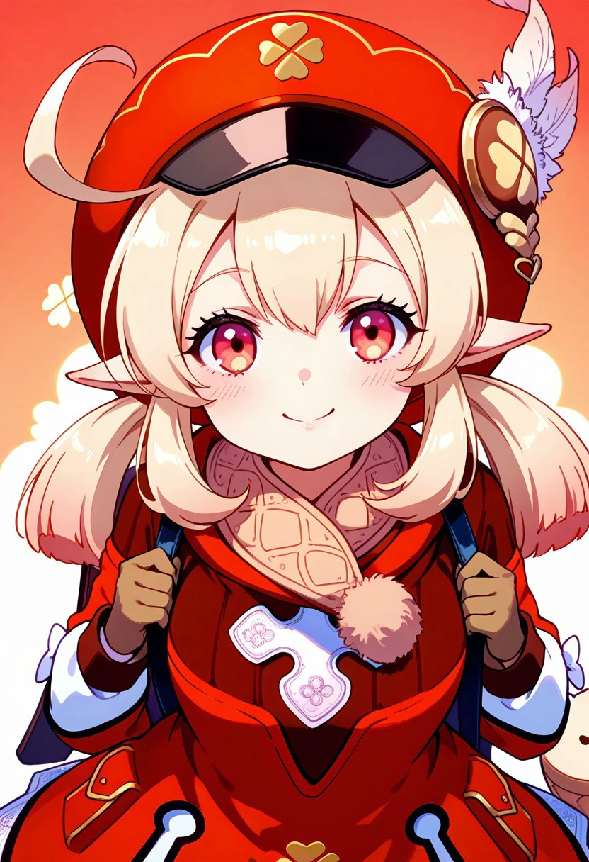 medium breasts, (curvy),
zzKlee, long hair, bangs, red eyes, hair between eyes, twintails, ahoge, sidelocks, pointy ears, low twintails, light brown hair, gloves, long sleeves, hat, bag, scarf, coat, backpack, red headwear, hat ornament, pocket, cabbie hat, randoseru, hat feather, red coat, brown scarf, bag charm, clover print,
smile, looking at viewer, pretty background, dynamic pose,