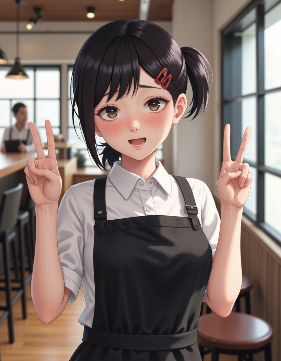 <lora:Kobeni_-_Flux:1> a <lora:real-lora:1.1> (ultrarealistic:1.1) photo of kobeni, a slender young woman with short black hair, tied with a red hair clip, wearing a white shirt and a black apron. Kobeni is making a peace sign with both hands while standing in a modern cafe. The background shows a counter with stools and a wall with a window. Kobeni's expression is playful, with a slight blush on their cheeks.