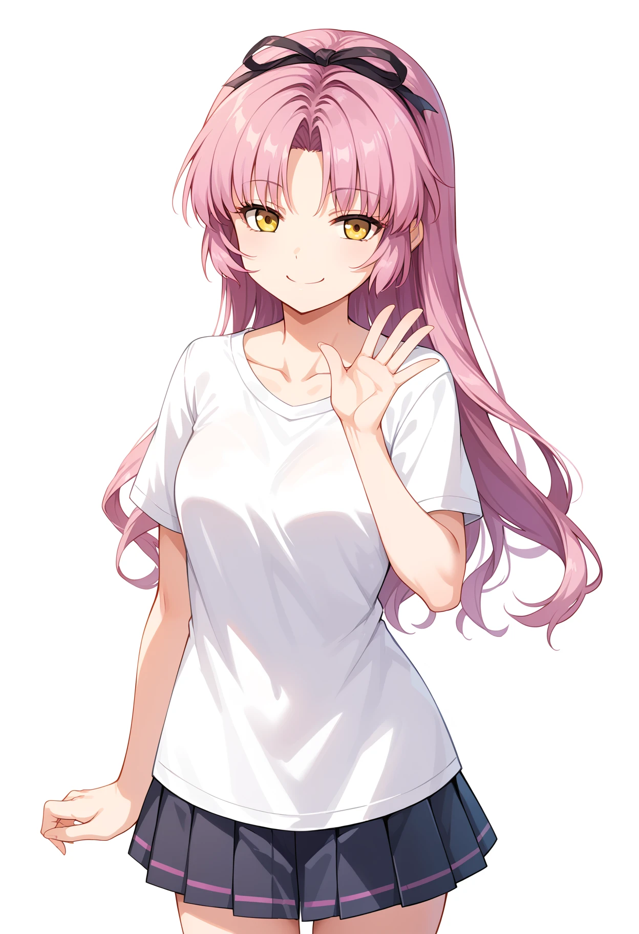 score_9,score_8_up,score_7_up,score_6_up BREAK source_anime,very aesthetic,renne_\(eiyuu_densetsu\),1girl,solo,smile,White T-shirt,pleated skirt,hair ribbon,collarbone,waving,standing,<lora:renne_(eiyuu_densetsu)-000011:0.9>,simple background,white background,