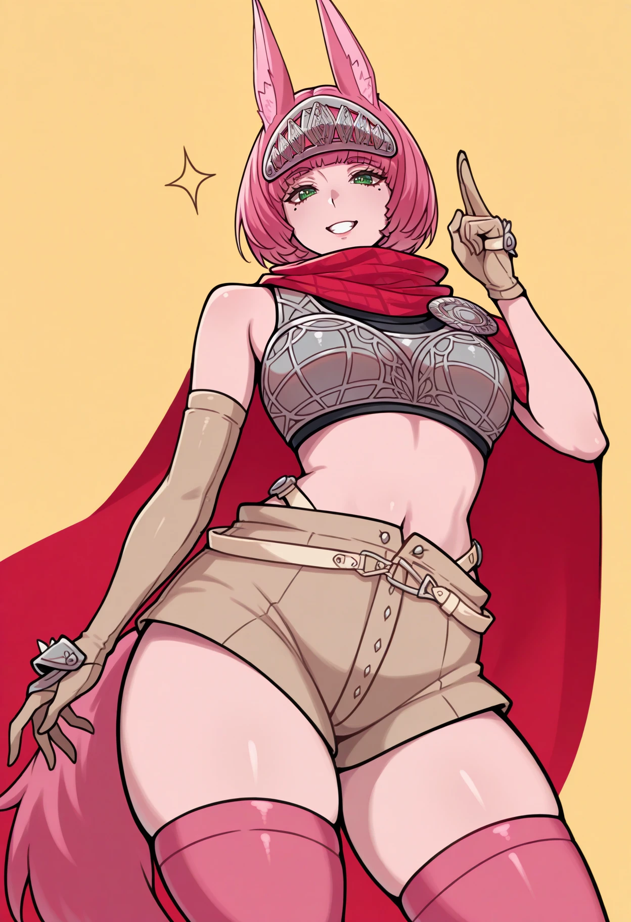 masterpiece, best quality, 1girl, two-finger salute, grin, looking at viewer, contrapposto, from below, <lora:CatherinaMR-illu:1> cathMR, pink hair, short hair, blunt bangs, green eyes, mole under eye, forehead protector, fox ears, red cape, boobplate, midriff, bare shoulders, uneven gloves, beige gloves, gauntlets, beige shorts, short shorts, belt, pink wolf tail, pink thighhighs, limited palette, simple background, sparkle, yellow background