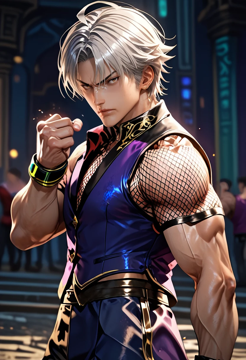 (masterpiece), (best quality), score_9, score_8_up, score_7_up, (masterpiece:1.2), (best quality:1.3), 1boy, facing viewer, full body, fighting stance, <lora:Lee_Chaolan_Tekken:0.8> lcln_tkn, vest, fishnet shirt, masterful composition, dynamic movement