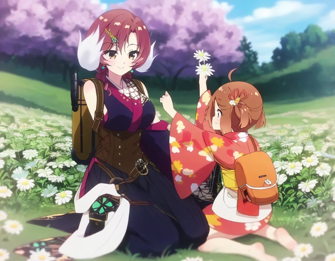 score_9, score_8_up, score_7_up, score_6_up, score_5_up, score_4_up,source_anime, chiyo, yuugiri,  blush, smile, short hair, multiple girls, brown hair, hair ornament, long sleeves, 2girls, brown eyes, sitting, flower, red hair, outdoors, detached sleeves, japanese clothes, sky, day, cloud, virtual youtuber, wide sleeves, kimono, bag, blurry, arms up, blue sky, sash, :3, obi, backpack, seiza, head wreath, field, topknot, flower field, bangs pinned back, flower wreath  <lora:Chiyo and Yuugiri _pxl:1>