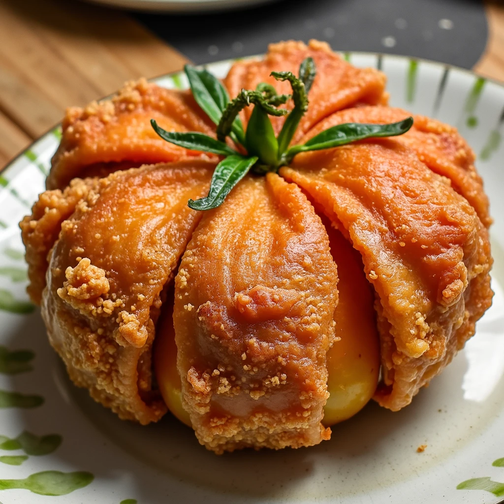 a massive beefsteak tomato transformed into a spectacular golden orb. The gigantic fruit is encased in a delicate tempura-style batter, fried to crispy perfection while maintaining its spherical shape. When cut, the dramatic contrast reveals a steaming, juicy bright red interior beneath the crackling golden exterior