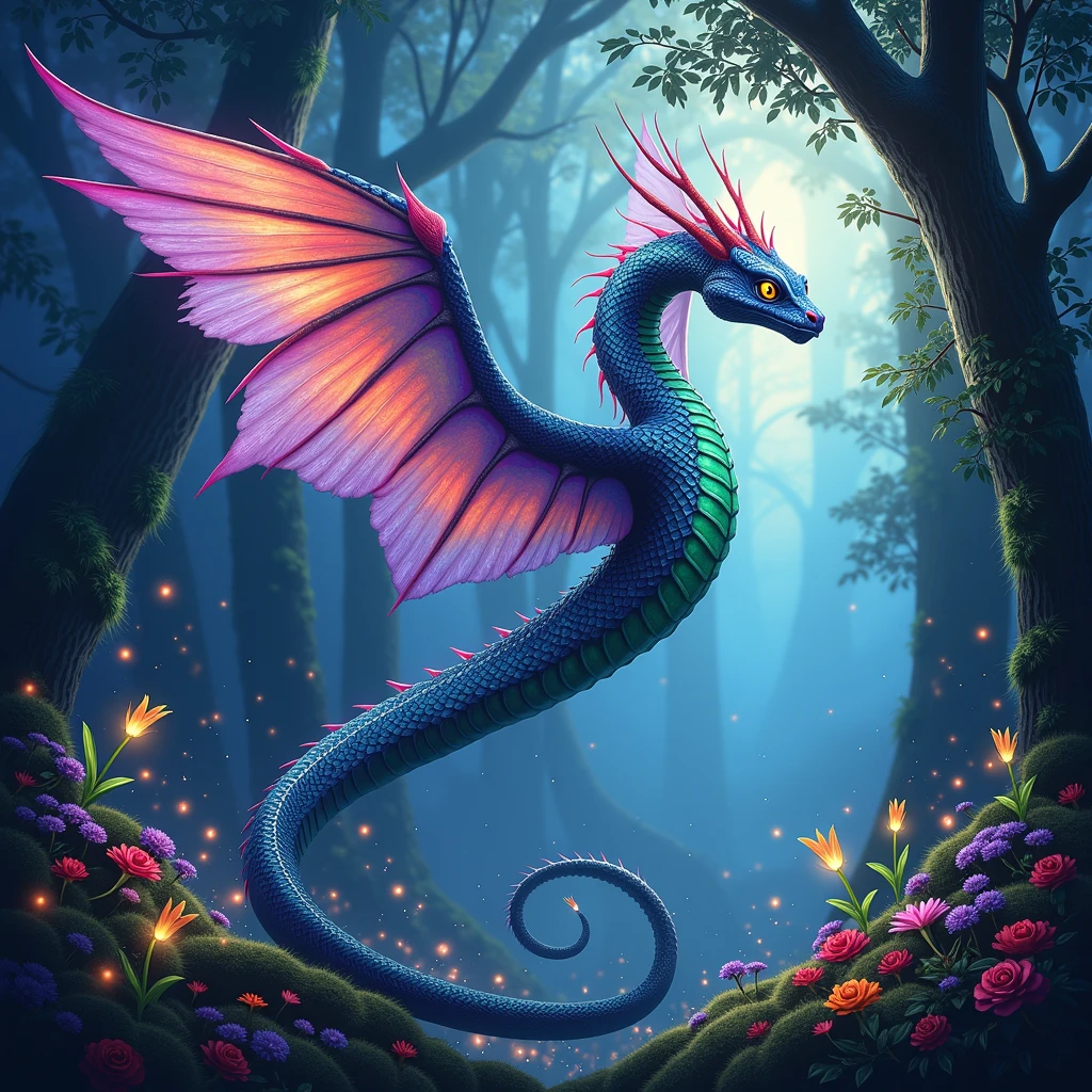 flying serpent painting, impressionist ambience , beautiful and surreal, with luxurious sharp focus, intense vibrant colors, dynamic shadows, dramatic lighting, soft shadows, in the early morning, blue hour,  cinematic flying serpent is erched gracefully on a delicate, interesting sky mystical open space. Its iridescent wings shimmer in various hues of emerald, sapphire, and amethyst, catching the soft, magical light filtering through the ancient trees. the creature scales gleam like precious gems, reflecting the vibrant colors of the surrounding flora. The background is filled with ethereal wisps of light, fireflies dancing in the air, and mysterious, glowing plants that add to the otherworldly atmosphere. The scene should evoke a sense of wonder and fantasy, with intricate details that draw the viewer into this magical realm." <lora:windserpents:1> fsp, fsx, fxs