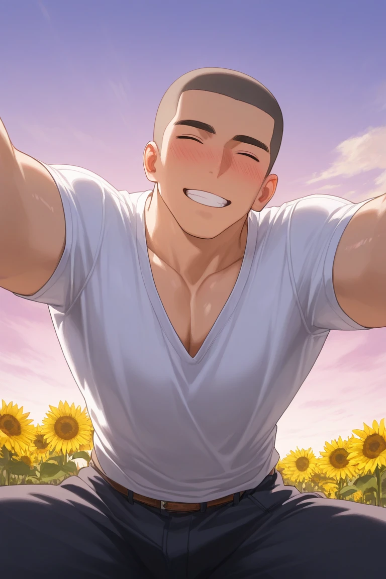 subsurface scattering, realistic shading, golden hour lighting, spring theme, on top of viewer focus, legs apart, male focus, leaning forward, looking at viewer, cute expressive face, DaikiAOFH, dark grey_DaikiAOFH_buzz cut, closed eyes, grin, wide smile, teeth, blushing, manly, 1boy, outstretched arms, oversized arms, navel, spring clothes, shirt, belt, pectoral cleavage, shiny skin, windy, floating clothes, outdoors, cloud, purple-pink gradient sky, sunflower, grass, from below, dutch angle, dynamic angle, bottompov, intricately detailed illustration, depth of field, atmospheric perspective, masterpiece, best quality, amazing quality, very aesthetic, absurdres, newest, anime screencap