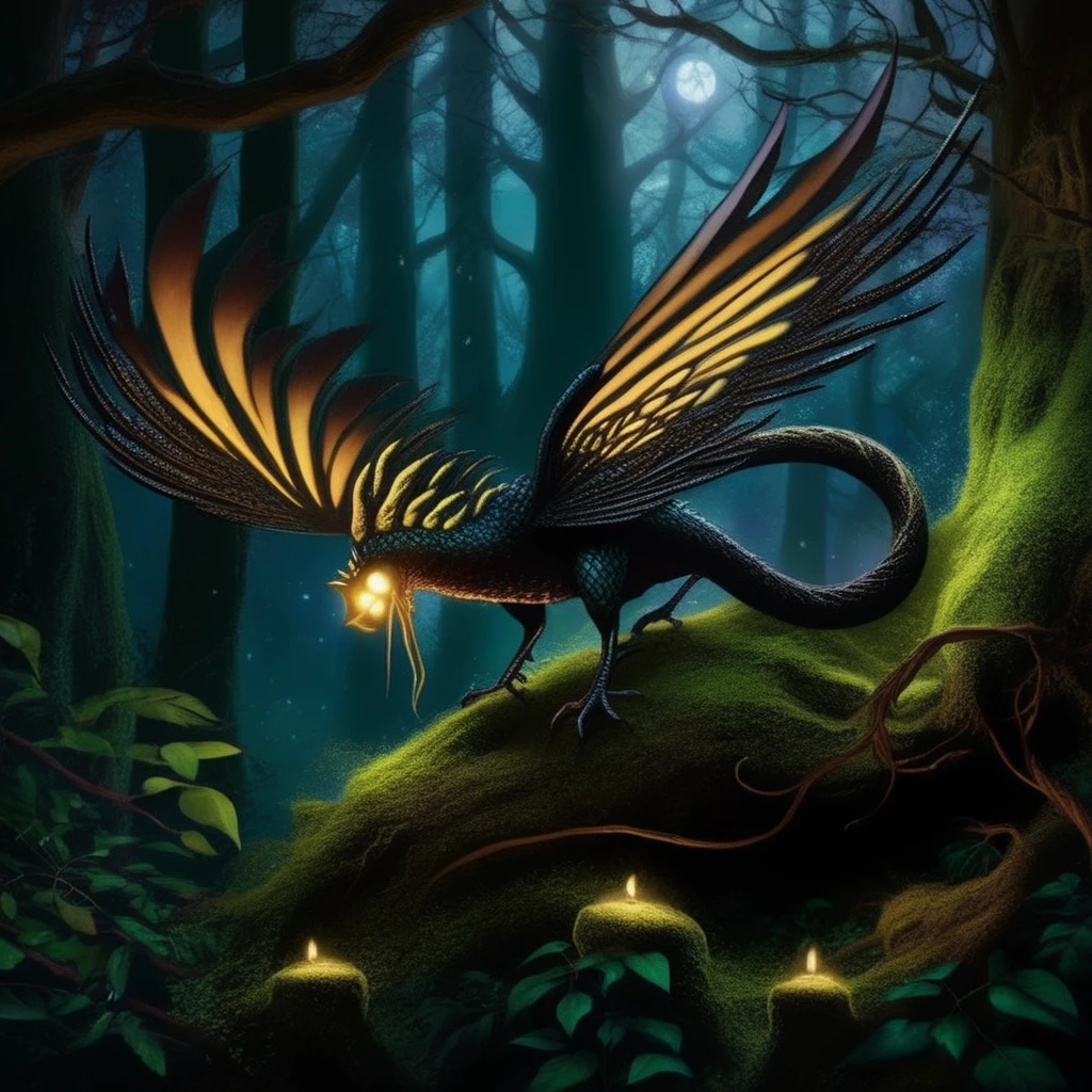 Gothic style  <lora:cockatrice:1> cockatrice, a cockatrice perched on a mossy stone in an enchanted forest, its reptilian body blending into the lush greenery. Its leathery wings are partially spread, revealing iridescent scales that shimmer in the faint moonlight breaking through the canopy. The camera angle is low, looking up at the creature, giving it a menacing and majestic aura. A soft mist swirls around the forest floor, diffusing the moonlight into an ethereal glow. Tiny magical fireflies illuminate the scene, casting a warm, golden hue against the cockatriceâs dark, sharp talons.
 . Dark, mysterious, haunting, dramatic, ornate, detailed