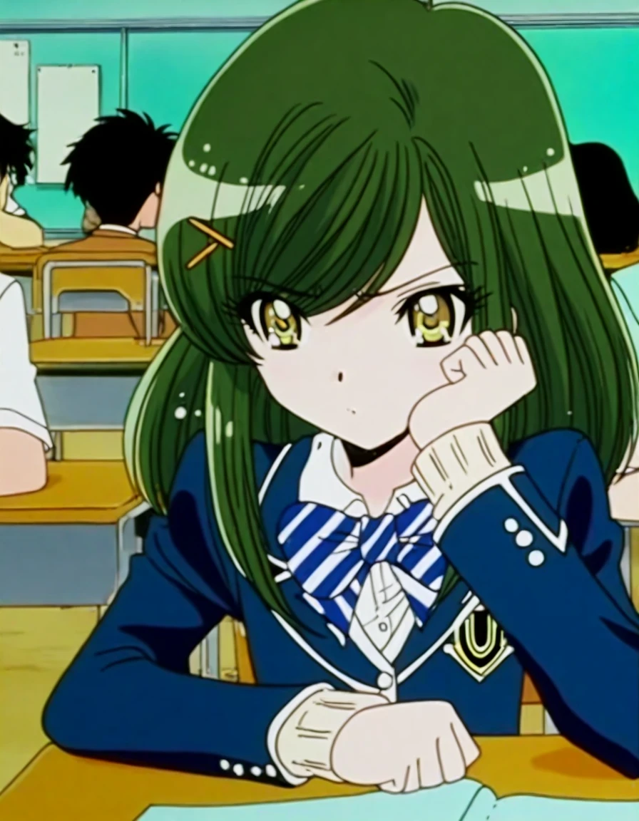 <lora:TachibanaYuria_illust_2:0.8> solo focus,  tachibana yuria, green hair, anime screencap, 
blazer, bowtie, classroom, sitting, head rest,