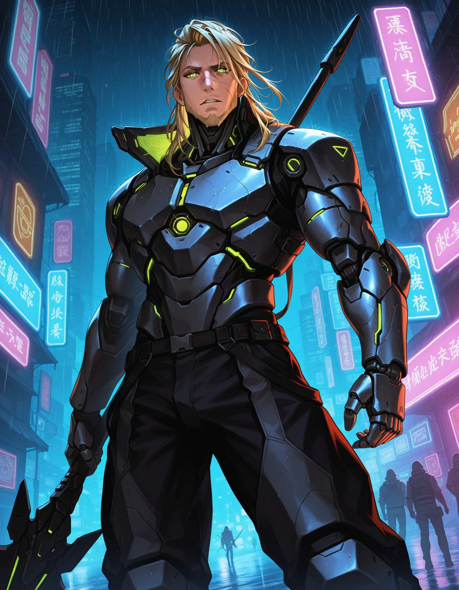 masterpiece, best quality, amazing quality, from below, donaldptn, solo, mature male, green eyes, blonde hair, long hair, nose scar, facial hair, cybernetics, circuitry, glowing eyes, armour, cyborg, mechanical arm, body armour, cyberpunk city, neon light, crowded, Dutch angle, serious, confident expression, parted lips, striking a pose, looking at viewer, night, holding a spear, rain