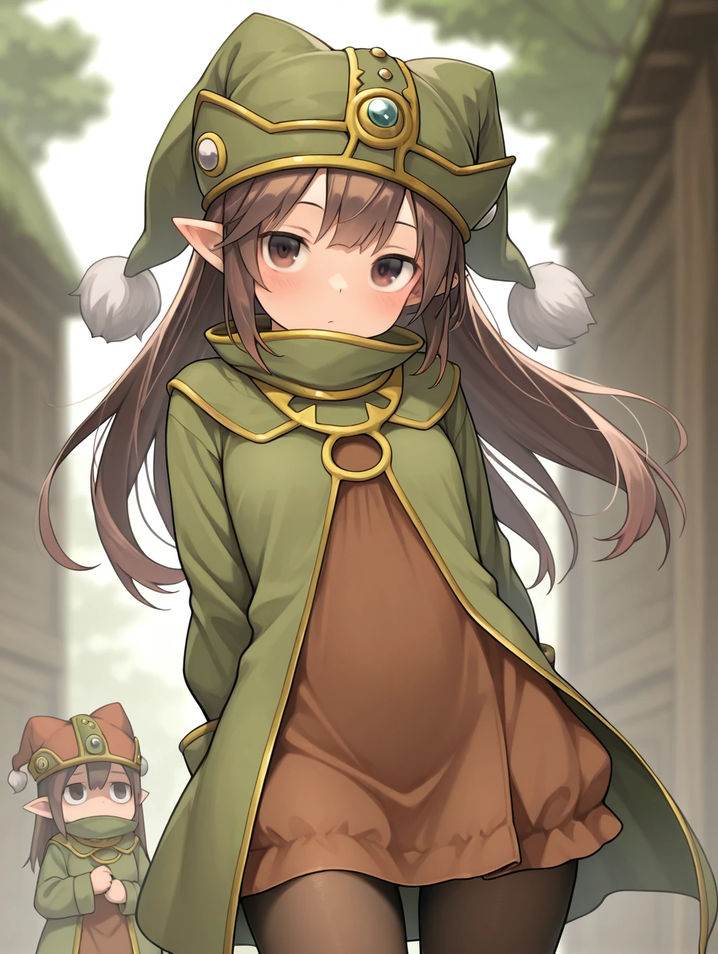 1girl, solo, Gnome, brown hair, long hair, brown dress, green robe, pointy ears, hat, pantyhose,

(dynamic pose), cowboy shot,

masterpiece, best quality,amazing quality, very aesthetic, absurdres, depth of field, blurry background, extremely detailed face, detailed eyes