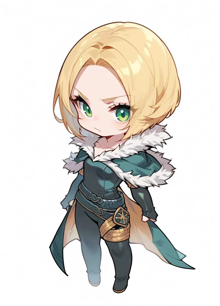 1girl, solo, white background, chibi, full body, vxibenedikta, short hair, blonde, green eyes, elbow gloves, fur-trim, capelet, leather dress, belt <lora:FF_Benedikta-PONY:1>, score_8_up, score_7_up, score_6_up, score_5_up, score_4_up,