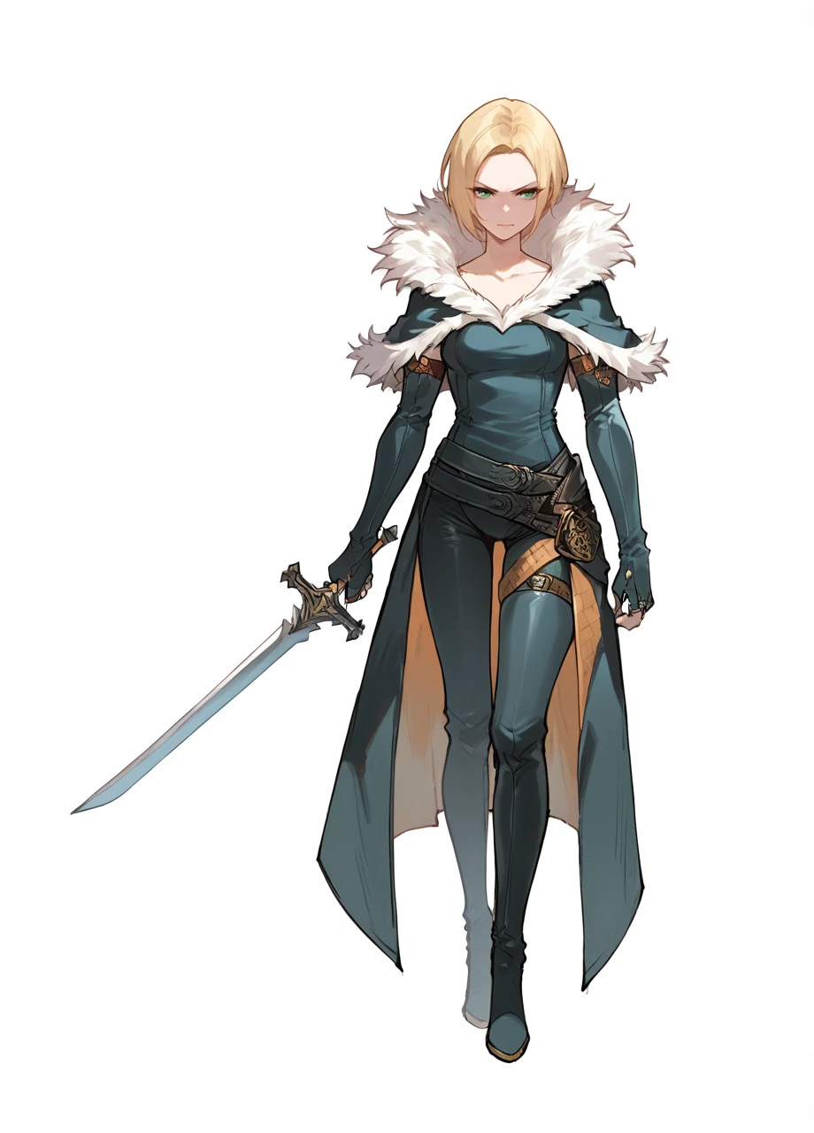 1girl, solo, full body, white background, vxibenedikta, short hair, blonde, green eyes, elbow gloves, fur-trim, capelet, leather, belt, fingerless gloves, thigh boots, (holding weapon, sword) <lora:FF_Benedikta-PONY:0.8>, score_9, score_8_up, score_7_up, score_6_up,