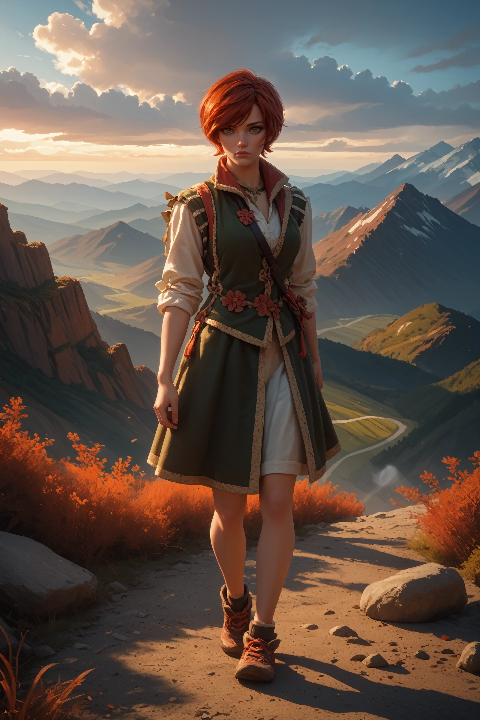 score_9, score_8_up, score_7_up,
<lora:W3Shani:0.9>
W3Shani, 1girl, short hair, red hair, green eyes, looking at viewer, dramatic, solo, full body, mountain peak, wind blowing, dramatic lighting, rugged landscape, heroic pose, adventure